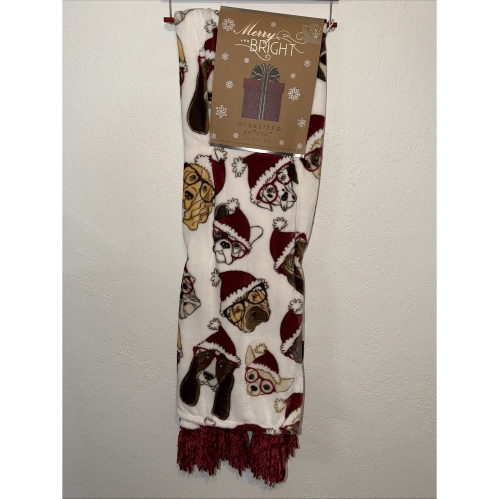 Merry and Bright Smart Dogs Christmas Plush Throw Blanket 50x70 Santa Hats New